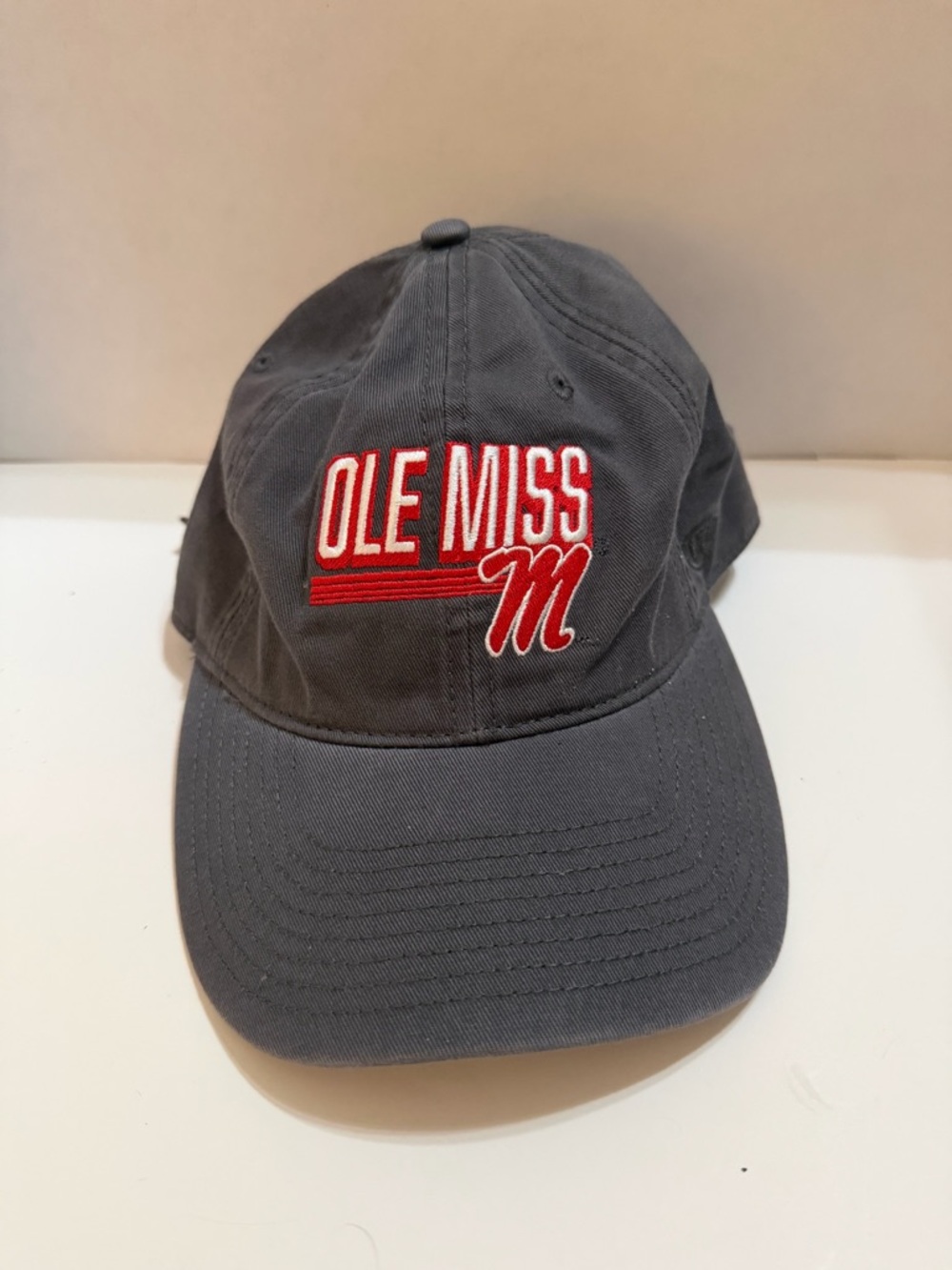 Ole Miss Embroidered Gray Baseball Hat with Red Accent
